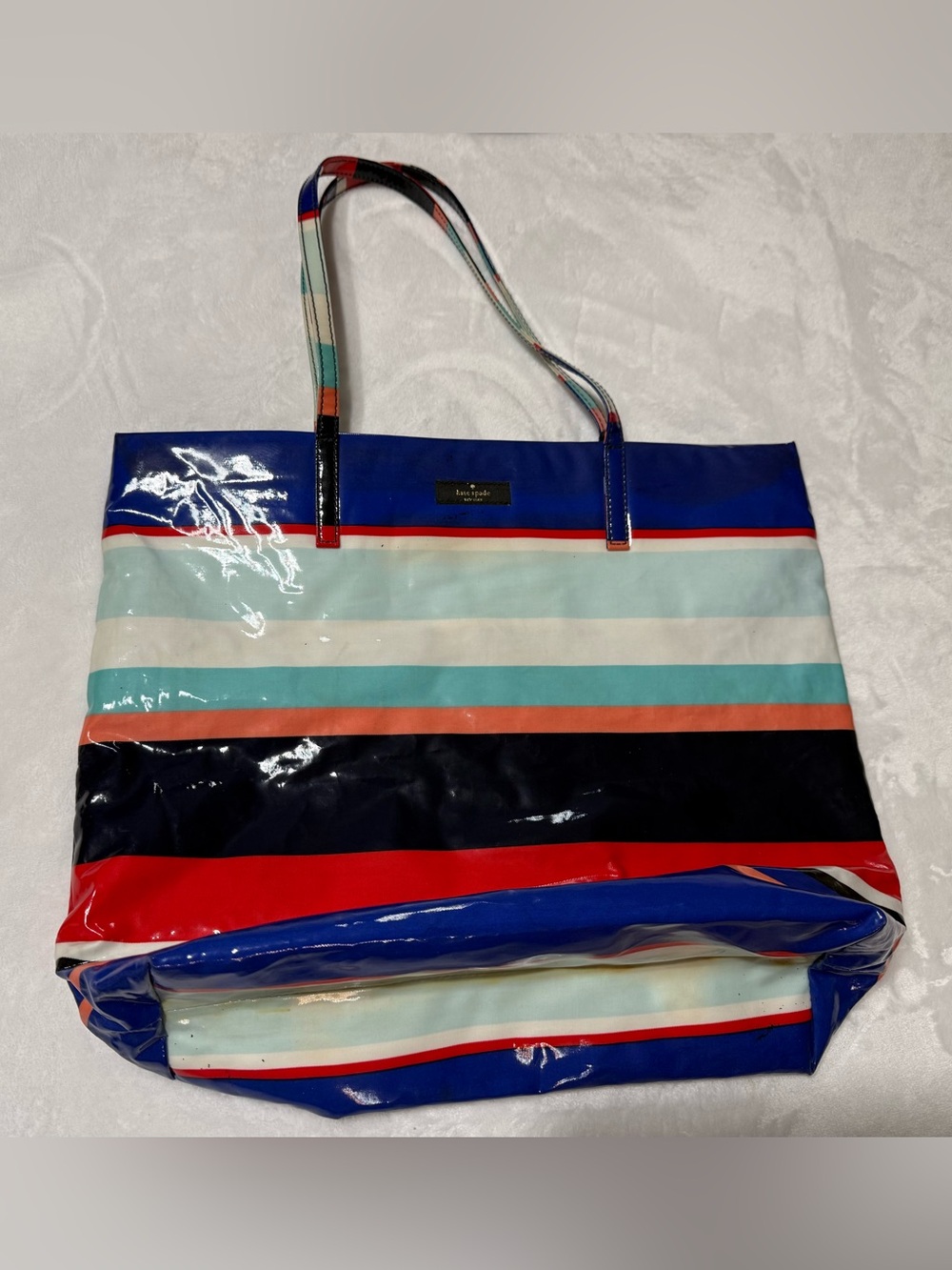 kate spade Glossy Striped Patent Tote in Blue, Red, Navy, Aqua, Coral, Cream
